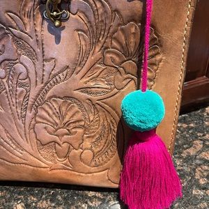 Mexican Hand tooled Leather Bag W/ Pom Tassel
